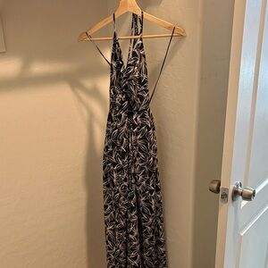 Women’s Black & White Leaf Pattern Halter Jumpsuit